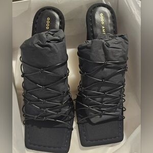 Good American High Heels Sandals Black Sz 9 Neoprene Caged Mule NIB